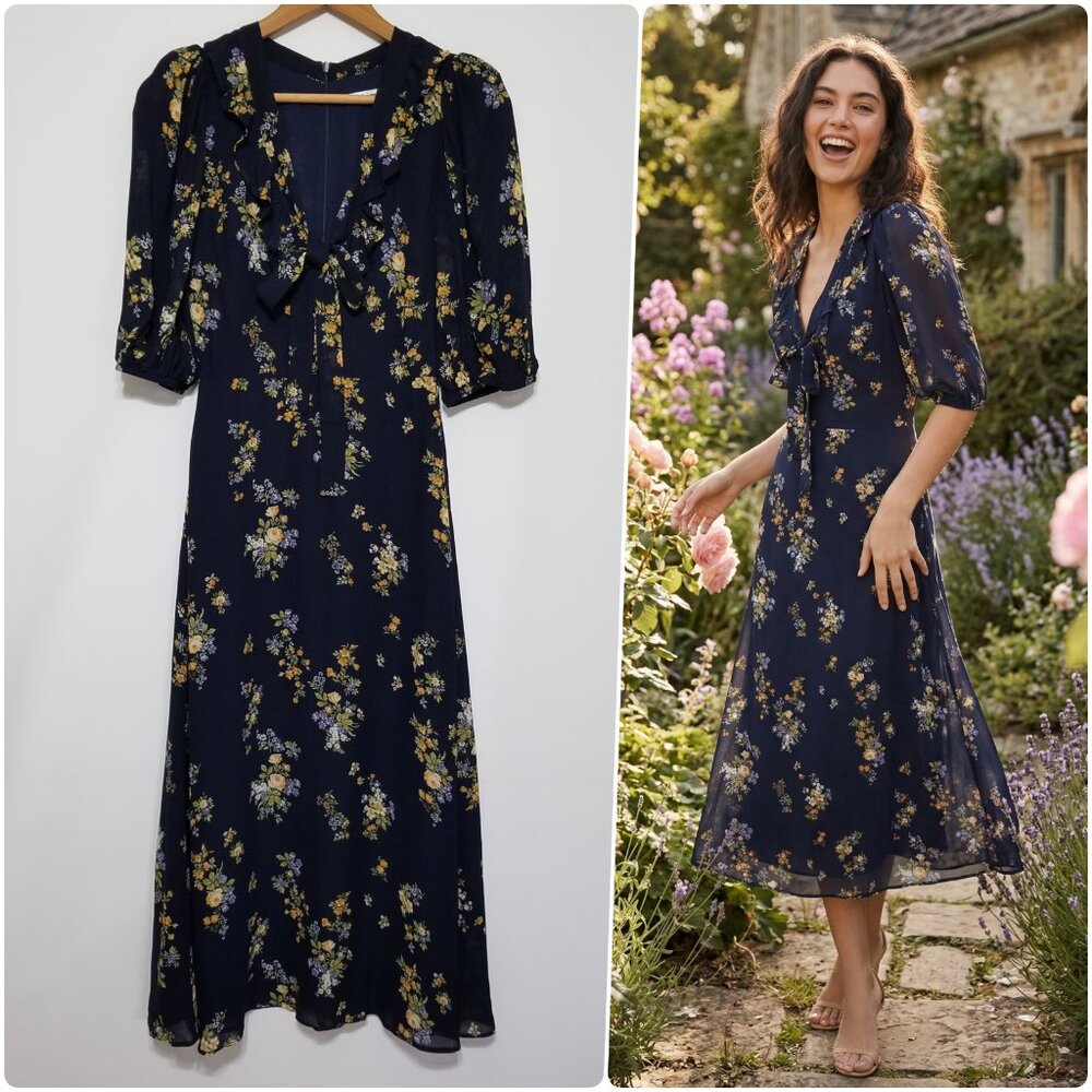 NWT‎ Reformation Brook Floral Tie Neck Midi Dress in Vittoria (Deep Navy) Size 0